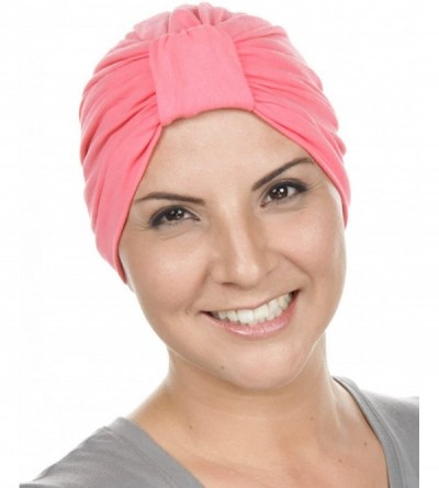 Skullies & Beanies Classic Cotton Turban Soft Pleated Chemo Cap for Women with Cancer Hair Loss - 16- Coral Pink - CP11K4JDHC...
