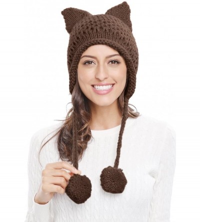 Skullies & Beanies Winter Cute Cat Ears Knit Hat Ear Flap Crochet Beanie Hat - Brown - C2189GCQQOG $25.28