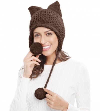 Skullies & Beanies Winter Cute Cat Ears Knit Hat Ear Flap Crochet Beanie Hat - Brown - C2189GCQQOG $25.28