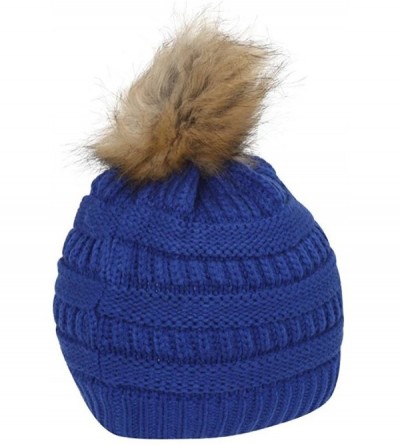 Skullies & Beanies Cable Knit Faux Fur Pom Pom Beanie Hat - Royal - CB12ODMKWZL $16.81