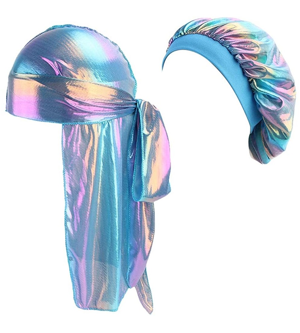 Skullies & Beanies Silky Durags Pack for Men Women Waves Satin Hair Bonnet Sleeping Hat Holographic Do Rags Set - A 1 - C818W...