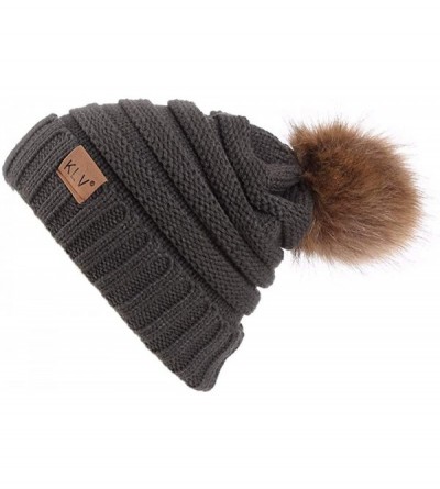 Skullies & Beanies Women Knit Slouchy Beanie Chunky Baggy Hat with Faux Fur Pompom Winter Soft Warm Ski Cap - Brown - CN1926A...