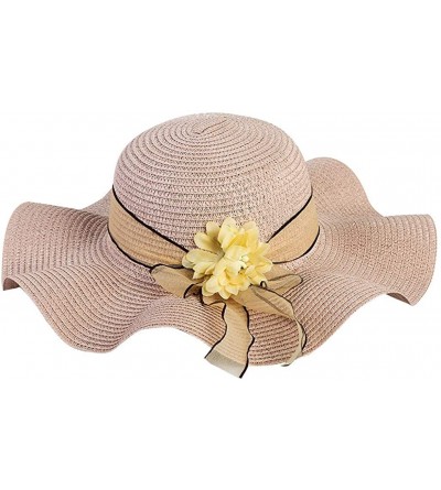 Sun Hats Women's Floppy Straw Hat Wide-Brimmed Sun Hat UV Protection Beach Cap Foldable Flower Bowknot Hats - Pink - CV18SYMI...