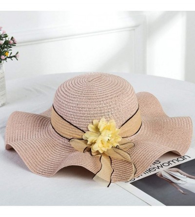 Sun Hats Women's Floppy Straw Hat Wide-Brimmed Sun Hat UV Protection Beach Cap Foldable Flower Bowknot Hats - Pink - CV18SYMI...