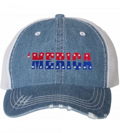 Baseball Caps Adult Merica USA Pride America Embroidered Distressed Trucker Cap - Blue Denim/ White - CX18DHQ8NKS $49.50