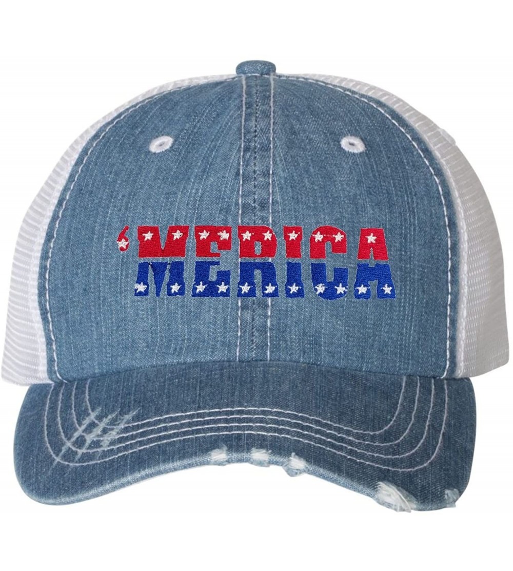 Baseball Caps Adult Merica USA Pride America Embroidered Distressed Trucker Cap - Blue Denim/ White - CX18DHQ8NKS $27.00
