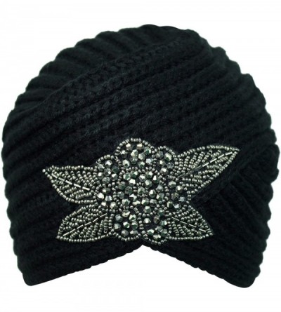 Skullies & Beanies Winter Knit Turban Beanie with Beaded Flower - Black - CC110Q0JVXX $18.20