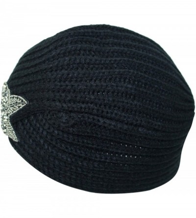 Skullies & Beanies Winter Knit Turban Beanie with Beaded Flower - Black - CC110Q0JVXX $18.20