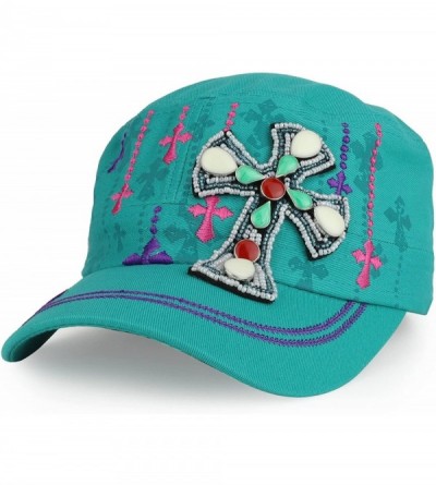 Baseball Caps Fancy Jeweled Cross Embroidered and Printed Flat Top Style Army Cap - Mint - CH1805GK950 $30.19