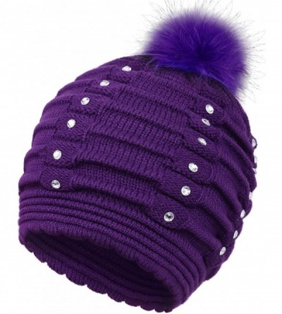 Skullies & Beanies Horizontal Cable Knit Beanie with Sequins and Faux Fur Pompom - Purple - C4185LW4KL8 $9.84