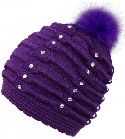 Skullies & Beanies Horizontal Cable Knit Beanie with Sequins and Faux Fur Pompom - Purple - C4185LW4KL8 $9.84
