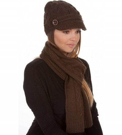 Skullies & Beanies Womens 2-piece Cable Knitted Visor Beanie Scarf and Hat Set with Button - Chocolate - CH117BB6FS9 $35.23