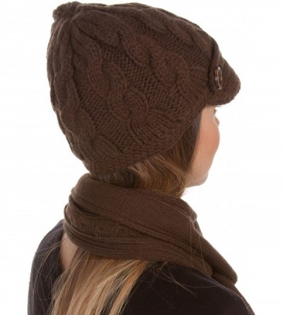 Skullies & Beanies Womens 2-piece Cable Knitted Visor Beanie Scarf and Hat Set with Button - Chocolate - CH117BB6FS9 $15.76