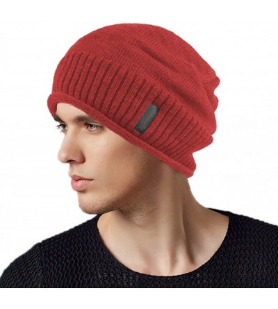 Skullies & Beanies Men Winter Outdoor Fleece Lined Warm Slouchy Knit Beanie Hat Skull Ski Cap - Red - CG18Z0CALA3 $19.73