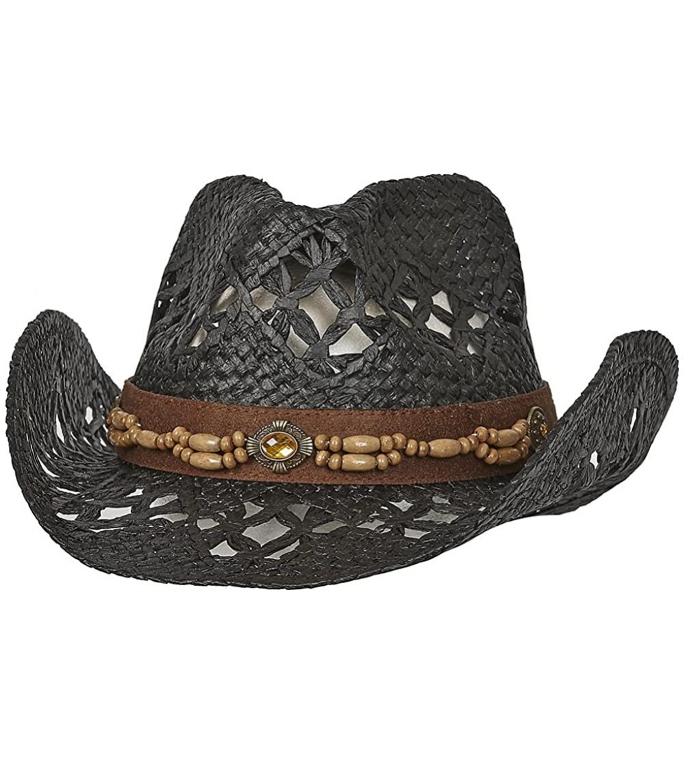 Cowboy Hats Straw Vented Shapeable Country Cowboy Hat w/Bead Band - Black - C412DVR04LP $15.21