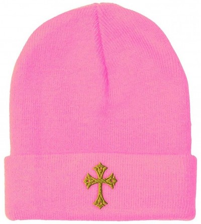 Skullies & Beanies Custom Beanie for Men & Women Gold Roman Catholic Cross Embroidery Skull Cap Hat - Soft Pink - C718ZS42CET...