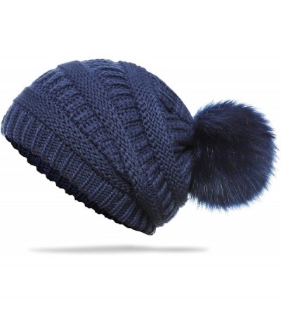 Skullies & Beanies Slouchy Winter Knit Beanie Cap Chunky Faux Fur Pom Pom Hat Bobble Ski Cap - Navy 02 - CK18RQSSZTO $15.79