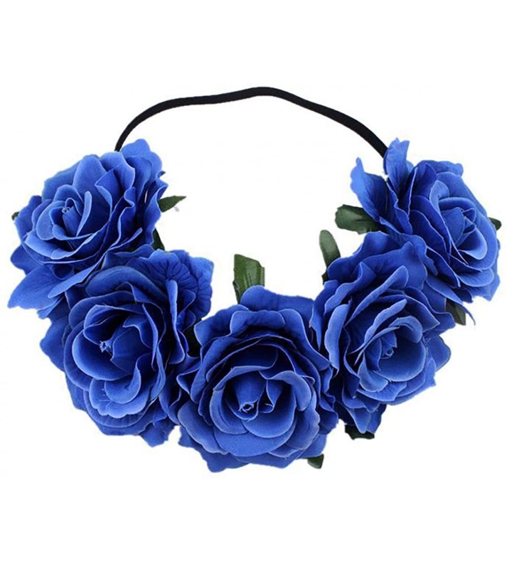 Headbands Love Fairy Bohemia Stretch Rose Flower Headband Floral Crown for Garland Party - Royal Blue - CJ18HXACENZ $7.80