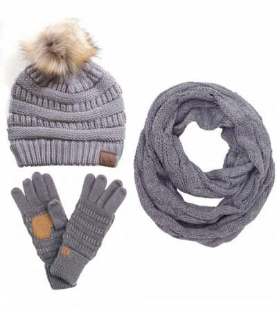 Skullies & Beanies 3pc Set Trendy Warm Chunky Soft Stretch Cable Knit Pom Pom Beanie- Scarves and Gloves Set - Light Grey - C...
