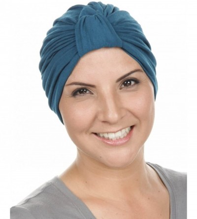 Skullies & Beanies Classic Cotton Turban Soft Pleated Chemo Cap for Women with Cancer Hair Loss - 14- Teal Blue - CN12O2GY4F5...