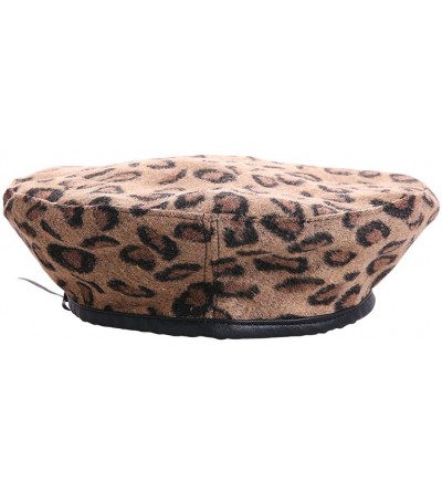 Berets Vintage Leopard French Beret Hat Leather Edge Warm Beanies Women Winter - Tan - C118ILEODSG $29.83