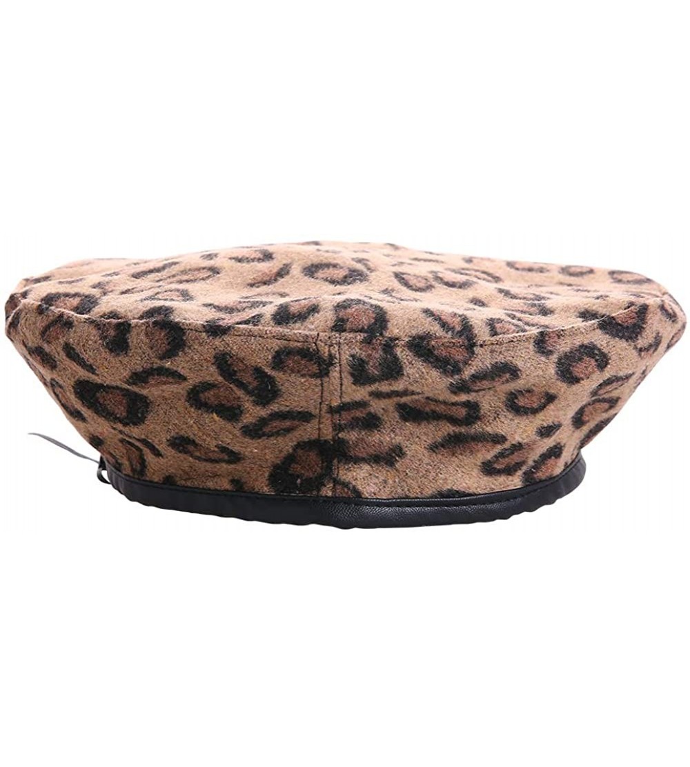 Berets Vintage Leopard French Beret Hat Leather Edge Warm Beanies Women Winter - Tan - C118ILEODSG $26.71