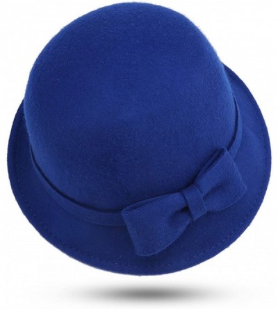 Fedoras Women's 100% Wool Felt Round Top Cloche Hat Fedoras Trilby with Bow Band - Royal Blue - C412NU43EP1 $66.80