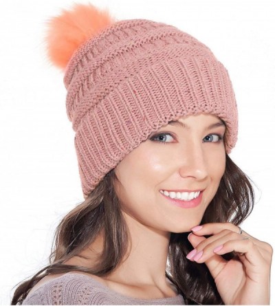 Skullies & Beanies Fur Pom Pom Beanie for Women Hat Winter Knit Wool Hats Warrm Soft Skull ski Cap - Pink - CT18Z8R950X $12.18