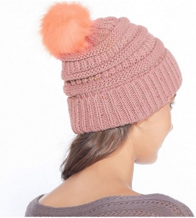 Skullies & Beanies Fur Pom Pom Beanie for Women Hat Winter Knit Wool Hats Warrm Soft Skull ski Cap - Pink - CT18Z8R950X $12.18