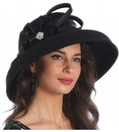 Bucket Hats Elegant Women Wool Felt Floral Trimmed Cloche Bucket Winter Church Hats - Black - C718KQKMDAM $36.89