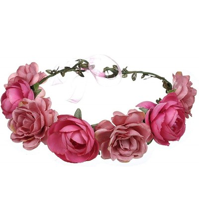 Headbands Women Rose Floral Crown Hair Wreath Leave Flower Headband with Adjustable Ribbon - Rose Red - C018H64NM9K $12.12
