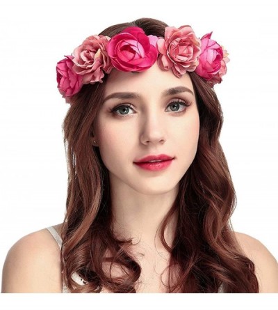 Headbands Women Rose Floral Crown Hair Wreath Leave Flower Headband with Adjustable Ribbon - Rose Red - C018H64NM9K $12.12