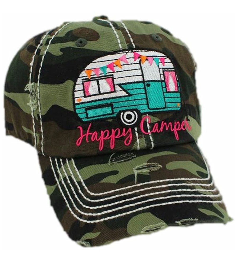 Baseball Caps Adjustable Happy Camper Distressed Baseball Cap Hat - Camo - CQ186QZT3ZS $14.46