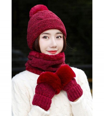 Skullies & Beanies Women's Chenille Hat Scarf and Gloves Set Thick Winter Warm Set 3pcs - Burgundy - CG18ZKEOIM5 $13.53