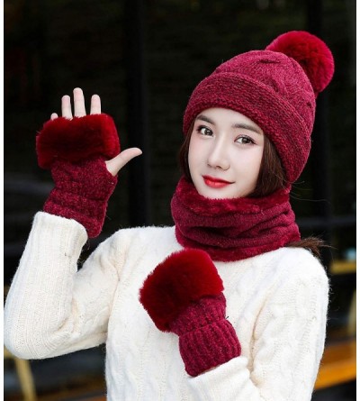 Skullies & Beanies Women's Chenille Hat Scarf and Gloves Set Thick Winter Warm Set 3pcs - Burgundy - CG18ZKEOIM5 $13.53