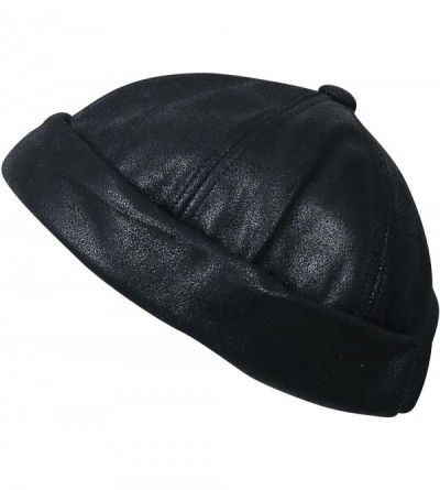 Skullies & Beanies Faux Leather Solid Color Short Beanie Strap Back Winter Hat Casual Cap - Black - CT188OYO3A6 $25.79