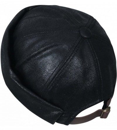 Skullies & Beanies Faux Leather Solid Color Short Beanie Strap Back Winter Hat Casual Cap - Black - CT188OYO3A6 $25.79