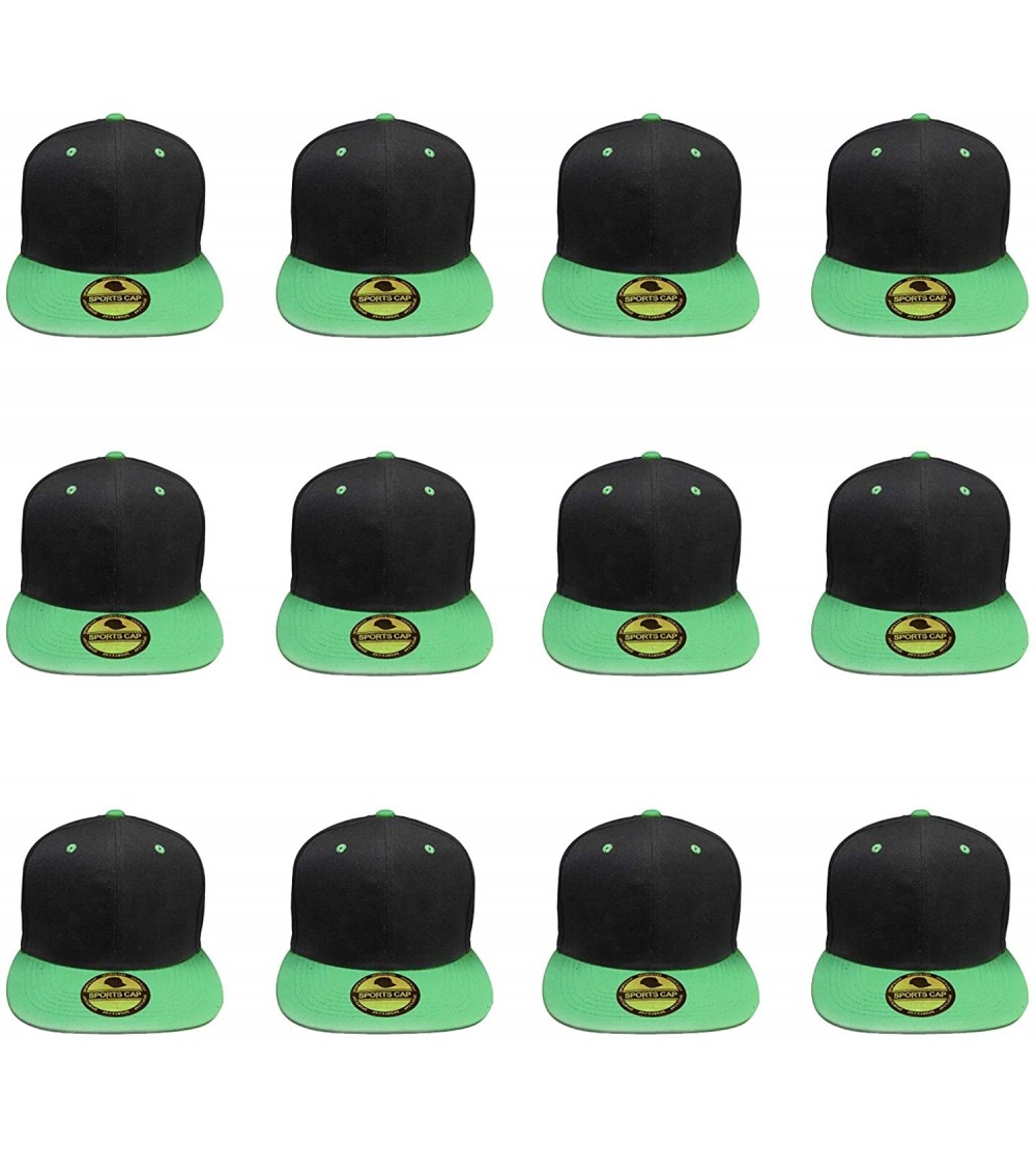 Baseball Caps Plain Blank Flat Brim Adjustable Snapback Baseball Caps Wholesale LOT 12 Pack - Black/Green - CU18X7L2KG8 $25.59