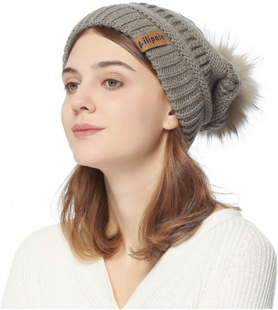 Skullies & Beanies Womens Winter Knit Beanie Hat Slouchy Warm Raccoon Fur Pom Pom Hat Caps for Women Ladies Girls - CO18ZXWC9...