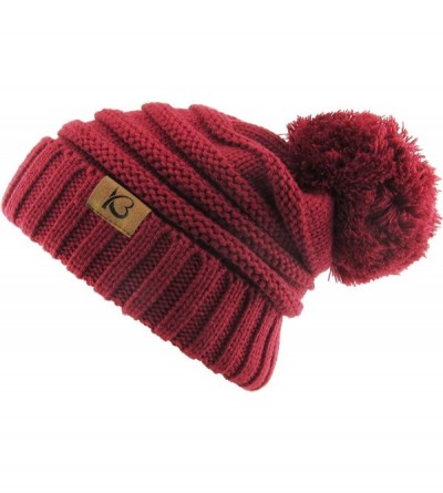 Skullies & Beanies Women's Winter Warm Thick Oversize Cable Knitted Beaine Hat with Pom Pom - (7026) Burgundy - CA18H4G4Q0T $...