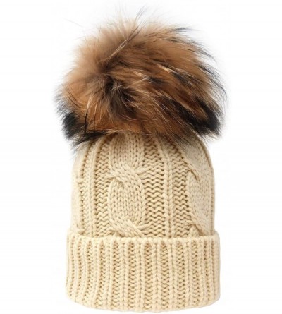 Skullies & Beanies Women's Winter Trendy Warm Faux Fur Pom Pom Fashion Knit Beanie Hats MM3003 - Raccoon Fur - Beige - CO18IN...