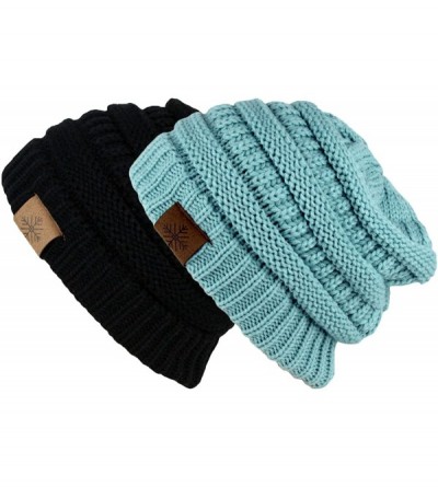 Skullies & Beanies Winter Warm Thick Cable Knit Slouchy Skull Beanie Cap Hat - Black & Mint - C4129PWZFFP $25.95