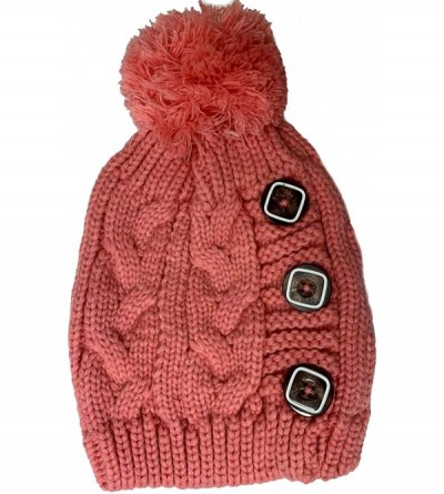 Skullies & Beanies Women Winter Faux Fur Pom Beanie Hat w/Warm Fleece Lined Thick Skull Ski Cap - Button Style - Pink - CD18L...