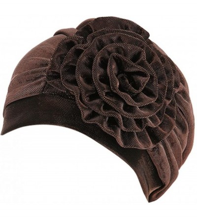 Skullies & Beanies Women Hair Loss Cap Pleated Big Flower Cancer Hat Beanie Turban Head Wrap Caps - Coffee - CL18GDO5EA0 $6.36