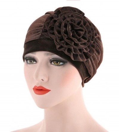 Skullies & Beanies Women Hair Loss Cap Pleated Big Flower Cancer Hat Beanie Turban Head Wrap Caps - Coffee - CL18GDO5EA0 $6.36
