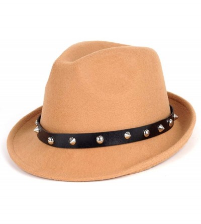 Fedoras Men's Trilby Fedora Hats Classic Manhattan Structured Wool Felt Short Brim Rivet Trilby Hat - Camel - C518XT6OZ5L $12.80
