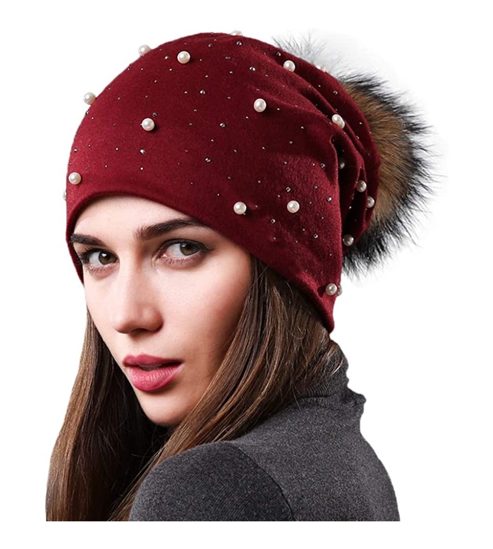 Skullies & Beanies Womens Slouchy Beanie Hat with Real Raccoon Fur Pompom Cotton Pearls Winter Fall Hat - Wine Red 2 - CI1927...
