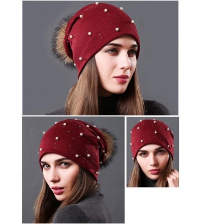 Skullies & Beanies Womens Slouchy Beanie Hat with Real Raccoon Fur Pompom Cotton Pearls Winter Fall Hat - Wine Red 2 - CI1927...