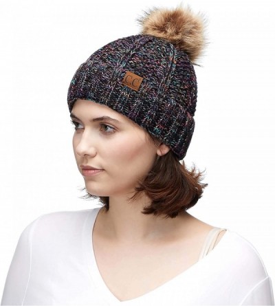 Skullies & Beanies Exclusives Fuzzy Lined Knit Fur Pom Beanie Hat (YJ-820) - Rainbow Mix - CJ18I6Q5ZND $17.35