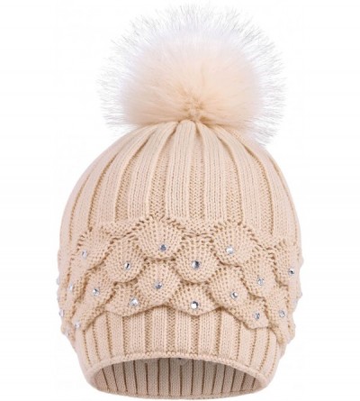 Skullies & Beanies Women's Faux Fur Pompom Winter Cable Knit Beanie with Sequins - Cream - CY1882AS5T8 $21.72